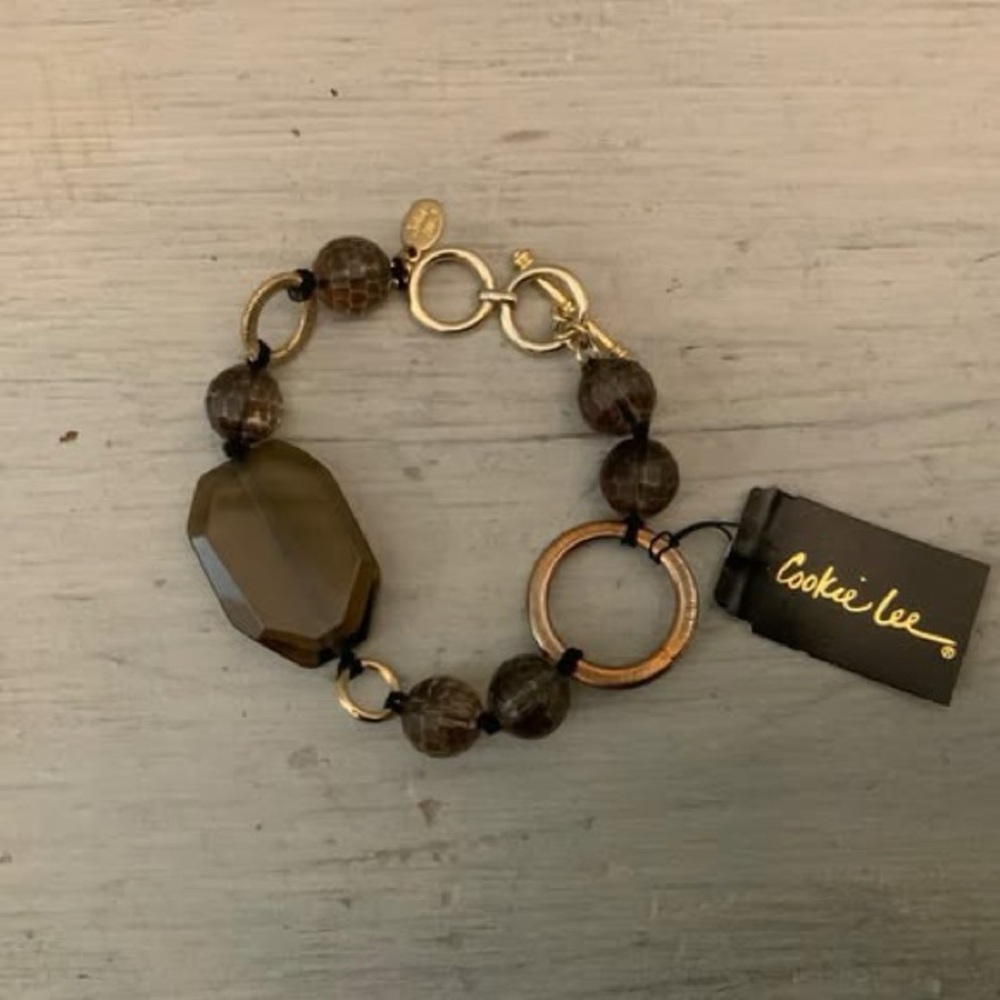 Cookie Lee Transparent Smoky Brown Beaded Gold Toggle Clasp Bracelet NWT‎